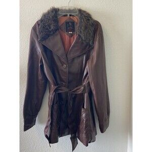 Vintage Coat Jacket 60s 70s Flamingo Vinyl Brown Faux Fur Collar Belt Size Sm
